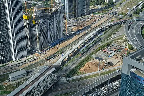 Construction of the connecting branch on Line D4 and Kamushki railway station near the Moscow International Business Center.