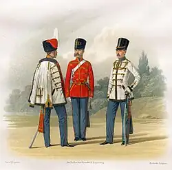 Headquarters and Chief Officers in full dress, Private in marching uniform (1855–1857)