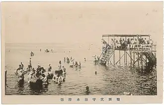 Sepia postcard with a photograph of bathers