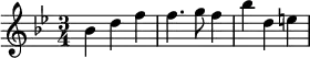 \relative c'' {
\time 3/4
\key bes \major
bes4 d f | f4. g8 f4 | bes d, e |
}