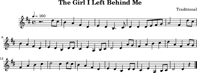 \header {
	title = "The Girl I Left Behind Me"
	composer = "Traditional"
	tagline = ##f
}
\language "deutsch"
\score {
	\midi { }
	\layout { }
		\relative {
			\clef "treble"
			\time 4/4
			\tempo 4 = 160
			\key d \major
			r2. d''8 cis h4 a fis d e d h4.
			cis8 d4 d d8 e fis g a2 fis4
			d'8 cis h4 a fis d e d h
			d8 d cis4 e a, h8 cis d2 d4
			a'8 g fis4 a h cis d a fis
			a8 g fis4 a h cis d2 cis4
			d8 cis h4 a fis d e d h
			d8 d cis4 e a, h8 cis d2 d4 r \bar "|."
		}
}
