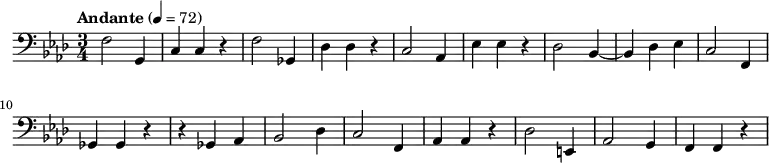 \relative c { \clef bass \time 3/4 \key f \minor \tempo "Andante" 4 = 72 f2 g,4 | c c r | f2 ges,4 | des' des r | c2 aes4 | ees' ees r | des2 bes4~ | bes des ees | c2 f,4 | ges ges r | r ges aes | bes2 des4 | c2 f,4 | aes aes r | des2 e,4 | aes2 g4 | f f r }