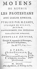 1703 - Frontispiece of the book Moiens de réunir les Protestants avec l'Église romaine, by Camus bishop of Belley and Richard Simon, Paris, 1703, Guillaume Vandive and Louis Coignard [fr].