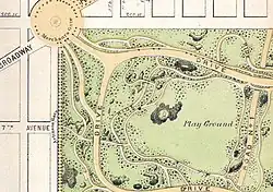 1868 Map of Central Park, showing the Boys Play House just south (left) of "Road No. 1"
