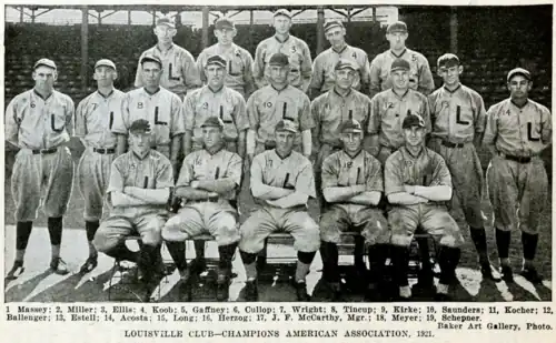 Nineteen men in light baseball uniforms