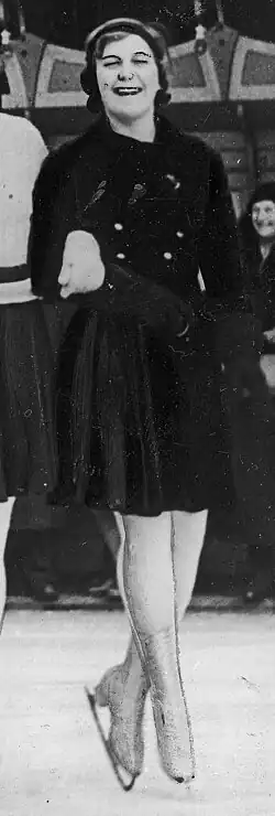 Old b&w photo from Herta Frey Dexler skiing on ice