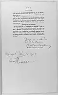 The last page of the National Security Act of 1947. Signed by Speaker of the House of Representatives Joseph W. Martin, Jr. (R-MA), President of the Senate pro tempore Arthur H. Vandenberg (R-MI), and President Harry S. Truman.