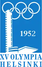 A solid blue background is intruded on its left side by a structure, shaded in white, representing the tower and stand of the Helsinki Olympic Stadium. The Olympic rings, also white, lie at the top of the blue background, partly obscured by the stadium's tower. The word "1952" is written in white in the middle of the blue background, while "XV Olympia Helsinki" is written in blue, beneath the image.