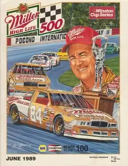 The 1989 Miller High Life 500 program cover, featuring Dick Trickle. Artwork by NASCAR artist Sam Bass.