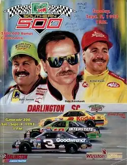 The 1993 Southern 500 program cover, featuring Dale Jarrett, Dale Earnhardt, and Ernie Irvan.