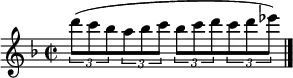 \relative c''' {
  \time 2/2 \key f \major
  \times 2/3 { d8( c bes } \times 2/3 { a bes c } \times 2/3 { bes c d } \times 2/3 { c d es) } | \bar "|."
}