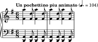 {  \new PianoStaff <<
    \new Staff = "RH" \relative c'' { \clef treble \key e \minor \time 6/8 \tempo "Un pochettino piu animato" 4. = 104 <a' fis,>4 <d, fis,>8 <a' fis,>4 <d, fis,>8 <a' fis,>4 <d, fis,>8 <a' fis,>4 <d, fis,>8}
    \new Staff = "LH" \relative c' { \clef bass \key e \minor \time 6/8 <a, d,>4 <a d,>8 <a d,>4 <a d,>8 <a d,>4 <a d,>8 <a d,>4 <a d,>8 } >> }
