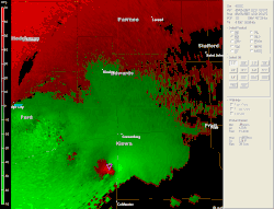 Another radar image sequence, this one red and green, of the tornado at EF5 intensity, marked as a purple and later red triangle, tracking towards Greensburg before lifting.
