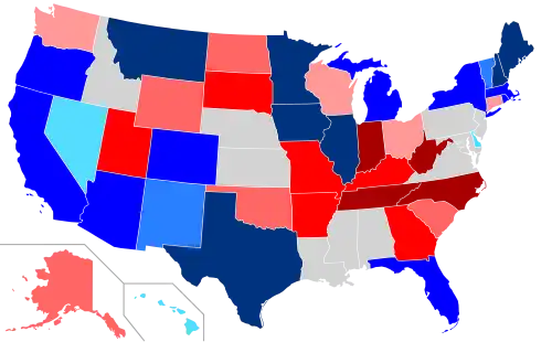 Net changes to lower house seats after the 2012 elections      +1 Dem seat      +2 Dem seats      +3–5 Dem seats      +6–116 Dem seats      +1 Rep seat      +2 Rep seats      +3–5 Rep seats      +6–11 Rep seats