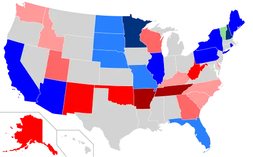 Net changes to upper house seats after the 2012 elections      +2 Dem seats      +3–5 Dem seats      +6–11 Dem seats      +1 Rep seat      +2 Rep seats      +3–4 Rep seats      +6 Rep seats      +1 Prog seat