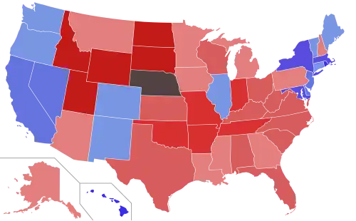 Lower house seats by party holding majority in each state Republican  50–60%  60–70%  70–80%  80–90%  90–100% Democratic  50–60%  60–70%  70–80%  80–90%  90–100%