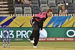 Jensen bowling for New Zealand during the 2020 ICC Women's T20 World Cup