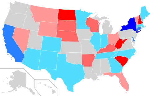 Net changes to upper house seats after the 2020 elections      +1 Rep seat      +2 Rep seats      +3–4 Rep seats      +1 Dem seat      +2 Dem seats      +4 Dem seats