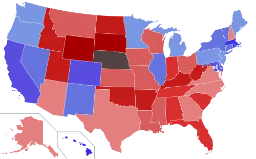 Lower house seats by party holding majority in each state Republican  50–60%  60–70%  70–80%  80–90%  90–100% Democratic  50–60%  60–70%  70–80%  80–90%