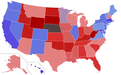 Lower house seats by party holding majority in each state Republican  50–60%  60–70%  70–80%  80–90%  90–100% Democratic  50–60%  60–70%  70–80%  80–90%