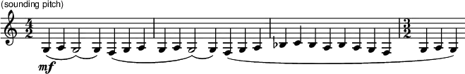 \language "english"
{ 
  \set Staff.midiInstrument=#"french horn"
   \time 4/2
     \set Score.tempoHideNote = ##t
      \tempo 4 = 118
       \mf^\markup { \hspace #-8.5 \abs-fontsize #9 \sans "(sounding pitch)" } 
      g4( a4 g2)( g4) f4( g4 a4     % 1
      g4 a4 g2)( g4) f4( g4 a4      % 2
      bf4 c'4 bf4 a4 bf4 a4 g4 f4   % 3
        \time 3/2
      g4 a4 g4)                     % 4
}