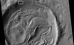 HiRISE image of crater floor. The box indicates where the next picture is located.