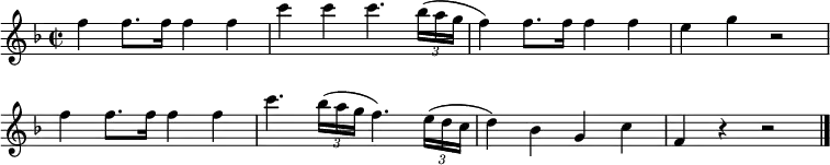 \relative c'' {
  \override Score.BarNumber #'stencil = ##f
  \time 2/2 \key f \major
  f4 f8. f16 f4 f |
  c'4 c c4. \times 2/3 { bes16( a g } |
  f4) f8. f16 f4 f |
  e4 g r2 |
  f4 f8. f16 f4 f |
  c'4. \times 2/3 { bes16( a g } f4.) \times 2/3 { e16( d c } |
  d4) bes g c |
  f,4 r r2 | \bar "|."
}