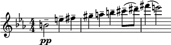 \relative c'' { \clef treble \numericTimeSignature \time 4/4 \key c \minor
   b2--\pp e4-- fis-- | gis-- a-- b-- cis8--( dis--) | fis4( e2) }