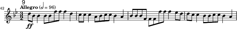 \relative c'' \new Staff {
\key bes \major \clef "treble"
\set Staff.midiInstrument = "oboe"
\tempo "Allegro" 2 = 96
\set Score.currentBarNumber = #42 \bar ""
\override Score.RehearsalMark #'self-alignment-X = #1
\mark \markup \sans 9
\time 3/2 d8\ff bes bes4 bes8 bes f' f f4 d | c8 c c4 a8 bes c c bes4 a |
bes8 bes bes f f f f' f f4 es8 d | d c c4 bes8 bes c c bes4 a |
}