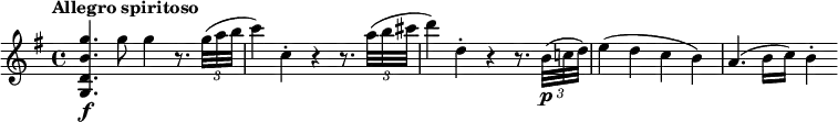 \relative c''' { \set Staff.midiInstrument = #"string ensemble 1"
  \override Score.NonMusicalPaperColumn #'line-break-permission = ##f
  \tempo "Allegro spiritoso"
  \key g \major
  \tempo 4 = 144
  <g b, d, g,>4.\f g8 g4 r8. \times 2/3 { g32( a b } |
  c4) c,-. r r8. \times 2/3 { a'32( b cis } |
  d4) d,-. r r8. \times 2/3 { b32(\p c! d) } |
  e4( d c b) |
  a4.( b16 c) b4-.
}