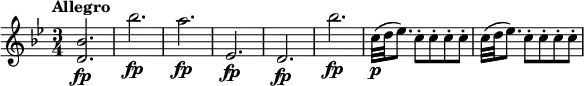 
\relative c'' {
  \key bes \major
  \tempo "Allegro"
  \time 3/4
  <bes d,>2.\fp bes'\fp a\fp es,\fp d\fp bes''\fp c,32\p (d es8.) \repeat unfold 4 {c8-.} c32 (d es8.) \repeat unfold 4 {c8-.}
}

