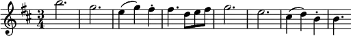 \relative c''' {
  \key b \minor
  \time 3/4
  \clef treble
  \tempo 2. = 64
  \set Score.tempoHideNote = ##t
  \set Staff.midiInstrument = "violin"
  \set Score.currentBarNumber = #1
  \bar ""
  b2. g e4( g) fis-. fis4. d8 e fis g2. e cis4( d) b-. b4. 
}