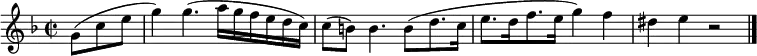 \relative c'' {
  \time 2/2 \time 2/2 \key f \major
  \partial 4. g8( c e |
  g4) g4.( a16 g f e d c) |
  c8( b) b4. b8( d8. c16 |
  e8. d16 f8. e16 g4) f |
  dis4 e r2 | \bar "|."
}