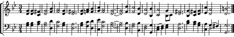 \new ChoirStaff <<
\new Staff {
  \time 3/4
  \key g \minor
  \relative c'' {
  <g d> <g d> <fis c> |
  <g d>2 <bes f>4 |
  <a f>2 <g d>4 | <fis d>2. |
  <g d>4 <a f!> <bes f> |
  <c g> <a f>2 <g d>2. ~ <g d>2 <d' f,>4 |
  <c f,>2 <bes d,>4 |
  <a d,>2 <bes bes,>4 |
  <a c,>2
  << { \voiceOne g4 }
  \new Voice { \voiceTwo bes,8 c } >>
  \oneVoice <fis d>2. |
  <g bes,>4 <fis c> <g d> |
  <c ees,> <a d,>2 | <b d,>2. \bar "|."
  }
 }
\new Staff {
  \time 3/4
  \key g \minor
  \clef bass
  <bes g>4 <bes g> <c' a> |
  <bes g>2 <d' d>4 |
  <c' f>2 <bes g>4 |
  <a d>2. | <bes g>4 <c' f> <d' d> |
  <ees' c> <c' f>2 | <bes g>2. ~ <bes g>2 <bes d>4 |
  <a f>2 <bes bes,>4 | <f d>2 <g g,>4 |
  <ees c>( <f d>) <g ees> | <a d>2. |
  <d' bes>4 <c' a> <bes g> | <a c>
  << { \voiceOne g( fis) }
  \new Voice { \voiceTwo d2 } >>
  \oneVoice <g g,>2. \bar "|."
  }
>>