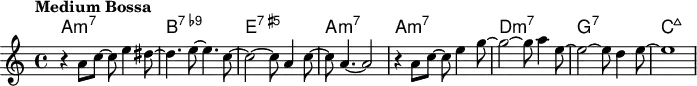 \version "2.22.0"
\header {
  tagline = ""
}
global = {
  \time 4/4
  \key a \minor
  \set Score.tempoHideNote = ##t
  \tempo "Medium Bossa" 4=148
}
chordNames = \transpose c c, \chordmode {
  \global
  a1:m7 |
  b1:7.9- |
  e1:7.5+ |
  a1:m7	 |
  a1:m7 |
  d1:m7 |
  g1:7
  c1:maj7 |
}
melody = \relative c'' {
  \global
  r4 a8 c~ c e4 dis8~ |
  dis4. e8~ e4. c8~ |
  c2~ c8 a4 c8~ |
  c8 a4.~ a2 |
  r4 a8 c~ c e4 g8~ |
  g2~ g8 a4 e8~ |
  e2~ e8 d4 e8~ |
  e1 |
}
\score {
  <<
    \new ChordNames \chordNames
    \new Staff { \melody }
  >>
  \layout { }
  \midi { }
}