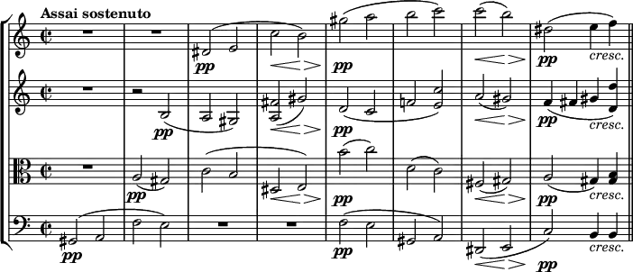 { 
<< \new StaffGroup <<
        \new Staff <<
            \tempo "Assai sostenuto"
            \relative c' {
                \clef treble \key a \minor \time 2/2
                R1
                R
                dis2(\pp e
                c'\< b\>)
                gis'(\pp a
                b c)
                c\<( b\>)
                dis,(\pp e4_\markup { \italic cresc. } f) \bar "||"
                }
            >>
        \new Staff <<
            \clef treble \key a \minor \time 2/2
            \new Voice \relative c' {
                R1
                r2 b(\pp
                a gis)
                <a fis'>\<( gis'\>)
                d(\pp c
                f! <e c'>)
                a\<( gis\>)
                f4(\pp fis gis_\markup { \italic cresc. } <d d'>)
                }
            >>
        \new Staff <<
            \clef alto \key a \minor \time 2/2
            \new Voice \relative c' {
                R1
                a2(\pp gis)
                c( b
                dis,\< e)\>
                b''(\pp c)
                d,( c)
                fis,(\< gis)\>
                a(\pp gis4)_\markup { \italic cresc. } <gis b>
                }
            >>
        \new Staff <<
            \clef bass \key a \minor \time 2/2
            \new Voice \relative c {
                gis2\pp( a
                f' e)
                R1
                R1
                f2(\pp e
                gis, a)
                dis,\<( e\>
                c')\pp b4_\markup { \italic cresc. } b
                }
         >>
    >>
>> }