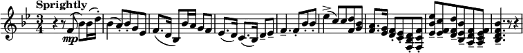 \new Staff {
  \key bes \major
  \time 3/4
  \clef treble
  \set Staff.midiInstrument = #"clarinet"
  \tempo Sprightly 4 = 92
  \set Score.tempoHideNote = ##t
  |
  r4
  r8 f'8(\mp
  bes'8) bes'16( d''16-.)
  |
  bes'4(
  a'8-.) bes'-.
  g'8 ees'
  |
  f'8.( d'16
  bes8) bes'16 a'
  g'8 f'
  |
  ees'8.( d'16)
  c'8.( bes16)
  d'8-- ees'--
  |
  f'4.--
  f'8-.
  bes'8-. bes'-.
  |
  ees''4->(
  c''8) c''
  <<d''8 f'>> <<g'8 bes'>>
  |
  <<f'8. a'>> <<ees'16 g'>>
  <<d'8-. f'>> <<c'-. ees'>>
  <<f8-. bes d'>> <<f-. c' f'>>
  |
  <<ees'8-- bes' ees''>> <<ees'-- f' c''>>
  <<d'-- f' d''>> <<bes-- ees' bes'>>
  <<a-- d' f'>> <<a-- c' ees' f'>>
  |
  <<bes4.-- d' f' bes'>>
  r8
  r4
}
