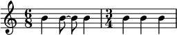 

\relative c'' {
  \time 6/8 b4 b8~ b b4
  \time 3/4 b4 b b
}