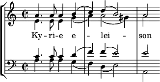 <<
\new StaffGroup <<
\new Staff { \clef treble \time 2/2 \key a \minor
\set Staff.midiInstrument = "trombone"
\relative c'
<< { a'4. a8 a4 b (c) d (b2) a } \\
{ e4. e8 e4 g (a) a2 ( gis4 ) a2 } >>
}
\addlyrics { Ky -- ri -- e e -- _ lei -- _ _ son }
\new Staff { \clef bass \key a \minor \set Staff.midiInstrument = "trombone"
\relative c'
<< { c4. c8 c4 d (f) f (e2) e } \\
{ a,4. a8 a4 g (f) d (e2) a, } >>
}
>>
>>
\layout { indent = #0 }
\midi { \tempo 4 = 120 }