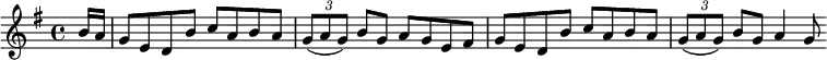 % key and articulations from Petrie collection
\new Score {
  \new Staff {
    \relative c'' {
      \clef treble
      \key g \major
      \time 4/4
      \partial 16*2 b16 a |
      g8 e d b' c a b a |
      \times 2/3 { g8( a g) } b8 g a g e fis |
      g8 e d b' c a b a |
      \times 2/3 { g8( a g) } b8 g a4 g8
    }
  }
}