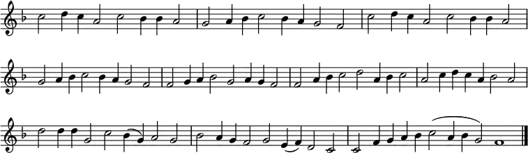 { \key f \major
\set Score.tempoHideNote = ##t
\tempo 2=72
\set Staff.midiInstrument = "english horn"
\omit Score.TimeSignature
\override Score.BarNumber  #'transparent = ##t
\cadenzaOn
\relative c'' {
\repeat unfold 2 { c2 d4 c a2 c bes4 bes a2 \bar"|"
g2 a4 bes c2 bes4 a g2 f \bar"|" }
f2 g4 a bes2 g a4 g f2 \bar"|"
f2 a4 bes c2 d a4 bes c2 \bar"|"
a2 c4 d c a bes2 a \bar"|"
d2 d4 d g,2 c bes4( g) a2 g \bar"|"
bes2 a4 g f2 g e4 (f) d2 c \bar"|"
c2 f4 g a bes c2( a4 bes g2) f1 \bar "|."}
}