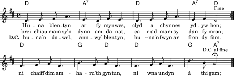 \header { tagline = ##f }
\layout { indent = 0 \context { \Score \remove "Bar_number_engraver" } }
global = { \key d \major \time 4/4 }
introk = \chordmode { d,1\pp | a,:7 | d, | a,2:7 d, }
introkords = \chordmode { \global \set midiInstrument = "acoustic guitar (nylon)"
  \repeat volta 2 { \introk }
  d,1 | g,2 d, | d,1 | g,2 a,:7 \bar "|."
}
introV = \relative c' { d4. e8 fis a4. | e4.d8 fis e4. | d4. e8 fis a4. | e4 fis d2 }
introVoice = \relative c' { \global \set midiInstrument = "flute"
  \repeat volta 2 { \introV ^"Fine"}
  fis4. g8 a fis4. | b4. g8 a fis4. | fis4. g8 a fis4. | d'4. b8^"D.C. al fine" a2\fermata \bar "|."
}
verse = \new Lyrics \lyricmode {
  << { Hu -- na blen -- tyn ar fy myn -- wes,
     clyd a chyn -- nes yd -- yw hon; }
  \new Lyrics { brei -- chiau mam sy'n dynn am -- da -- nat,
    ca -- riad mam sy dan fy mron; }
  \new Lyrics \lyricmode { \set stanza = "D.C."
    hu -- na'n da -- wel, ann -- wyl blen -- tyn,
    hu --na'n fwyn ar fron dy fam. }
  >>
  ni chaiff dim am -- ha -- ru'th gyn -- tun,
  ni wna un -- dyn â thi gam;
}
\score {
  <<
    \new ChordNames \introkords
    \introVoice
    \addlyrics { \verse }
  >>
  \layout { }
}
\score { \unfoldRepeats { << { \introkords \introk } \\ { \introVoice \introV } >> }
  \midi {
    \tempo 4=90
    \context { \Score midiChannelMapping = #'instrument }
    \context { \Staff \remove "Staff_performer" }
    \context { \Voice \consists "Staff_performer" }
  }
}