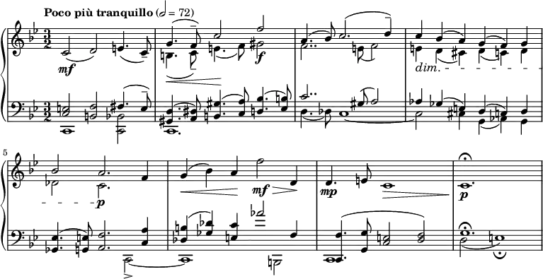 {  \new PianoStaff <<
    \new Staff \relative c' { \clef treble \time 3/2 \key bes \major \tempo "Poco più tranquillo" 2 = 72 c2(\mf d) e4.( c8)-- << { \stemUp g'4.(\< f8--) c'2\! f\f | a,4.( bes8) c2.( d4--) | c\dim bes( a) g( f) g | bes2 a2.\p } \\ { \stemDown b,4.( c8--) e4.( f8) gis2 | f2.. e8( f2) | e4 d( cis) d( c) d | des2 c2. } >> f4 | g(\< bes) a\! f'2\mf\> d,4\! | d4.(\mp e8 c1\> | c1.\!\fermata\p }
    \new Staff \relative c { \clef bass \time 3/2 \key bes \major << { <e c>2 <f b,> fis4.( e8--) | <d gis,>4.( <dis a>8) <gis b,>4.( <a c,>8) <bes d,>4.( <b ees,>8) | c2.. gis8( a2) | aes4 ges( e) d( c) d | <ees ges,>4.( <e g,>8) <f a,>2. <a c,>4 | <b des,>( <des ges,>) <c e,> aes'2 f,4 | <f c,>4.( <g g,>8 <e c>2( <f d>) | g1.\fermata } \\ { c,,1 <bes' c,>2 | c,1. | d'4.( des8) c1~ | c2 cis4 g( aes) g | s1 c,2->~ | c1 b2 | c1 s2 | d'2( e1)\fermata } >> }
>> }