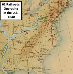 map showing rail line in the U.S. in 1840, the Ohio and Mississippi rivers, and the location of Pittsburgh and Wheeling