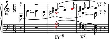 {
      \new PianoStaff <<
        \new Staff <<
            \new Voice \relative c'' {
                \clef treble \key a \minor \time 6/8
                \voiceOne \partial8 r8 R2. gis4.(~ gis4 \once \override NoteHead.color = #red a8 ais8 b4~ b8) r r
                }
            \new Voice \relative c' {
                \voiceTwo \partial8 a( f'4.~ f4 e8 \once \override NoteHead.color = #red dis2.)( d!4.)~ d8 r r
                }
            >>
        \new Staff <<
            \relative c {
                \clef bass \key a \minor \time 6/8
                \partial8 r8 R2. \once \override NoteHead.color = #red <f b>2.(_\markup { \concat { "Fr" \raise #1 \small "+6" \hspace #8 "V" \raise #1 \small "7" } } <e gis>4.)~ <e gis>8 r r
                }
            >>
    >> }