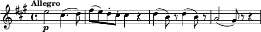 \new Score {
  \new Staff = "clarinet" {
    \transpose c a
    \relative c'' {
      \set Staff.midiInstrument = #"clarinet"
      \clef treble
      \key c \major
      \time 4/4
      \tempo "Allegro"
      \set Score.tempoHideNote = ##t
      \tempo 4 = 120
      g2\p e4.( f8) | a8( g) f-. e-. e4 r |
      f4( d8) r f4( d8) r | c2( b8) r r4
    }
  }
}