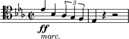 { \new PianoStaff <<
\new Staff \relative es' { \set Staff.midiInstrument = #"piano" \set Score.tempoHideNote = ##t \stemUp \tempo 2 = 55 \clef "tenor" \key es \major \time 2/2
  es4 _\markup{ \italic {marc.} } \ff bes4 \times 2/3 {
    as4 g4 f4
  }
  | % 2
  es4 r4 r2 }
>> }