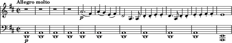 
<<
  \new Staff 
\relative a'' { 
\key d \major
\time 2/2 
\tempo "Allegro molto"
\tempo 4 = 230
r1
r1
r1
r1
a,2.\p (fis4)
a (g) e (fis)
d2 a4. a8
d4\staccato d\staccato e\staccato e\staccato
d4. a8 d4\staccato d\staccato
e\staccato e\staccato fis\staccato fis\staccato
e1
}
  \new Staff 
\relative a 
{
\key d \major
 \clef bass 
<d,, a'>1\p
<d a'>1
<d a'>1
<d a'>1
<d a'>1
<d a'>1
<d a'>1
<d a'>1
<d a'>1
<d a'>1
<a e'>1
}
>>
