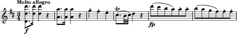 \relative c''' {
  \override Score.NonMusicalPaperColumn #'line-break-permission = ##f
  \tempo "Molto allegro"
  \key d \major
  \time 3/4
  <d d, d,>8.\f <d d,>16 q4 r |
  <a a,>8. q16 q4 r |
  g4-. fis-. e-. |
  cis8.\trill( b32 cis) d4 r |
  d'8\fp( cis b a) a-. a-. |
  b8( a g fis) fis-. fis-. |
}