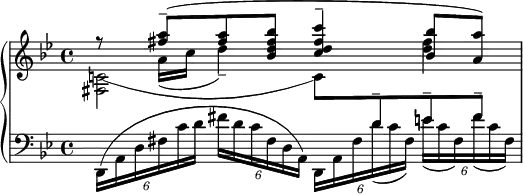 {
\new PianoStaff
<<
  \new Staff
  {
    \clef treble
    \time 4/4
    \key g\minor
    <<
      {
        r8 <a'' fis''>8-- ( <a'' fis''> <bes'' fis'' d'' bes'> <c''' fis'' d'' c''>4-- <bes'' bes'>8 <a'' a'> )
      }
      \\
      {
        \once \override Tie #'control-points = #'((1 . -3.5) (11 . -7) (21 . -7) (31 . -3.5))
        <c'!~ fis>2 c'8 \change Staff="LeftHand" \stemUp d'^- e'^- fis'^-
      }
      \\
      {}
      \\
      {
        s8 a'16 ( c'' d''4--) s <fis'' d''>4
      }
    >>
  }
  \new Staff = "LeftHand"
  {
    \clef bass
    \key g\minor
    \times 4/6 {d,16 ( a, d fis c' d' } \times 4/6 {fis' d' c' fis d a,) } \slurDown \times 4/6 {d, a, fis d' ( c' fis ) } \times 4/6 {e' ( c' fis ) fis' ( c' fis ) }
  }
>>
}